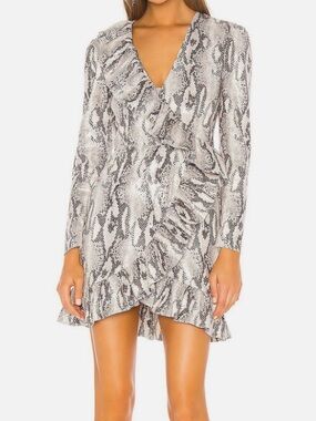 NWT MSGM Abito Snake-Print Ruffle Mini Dress - Gray